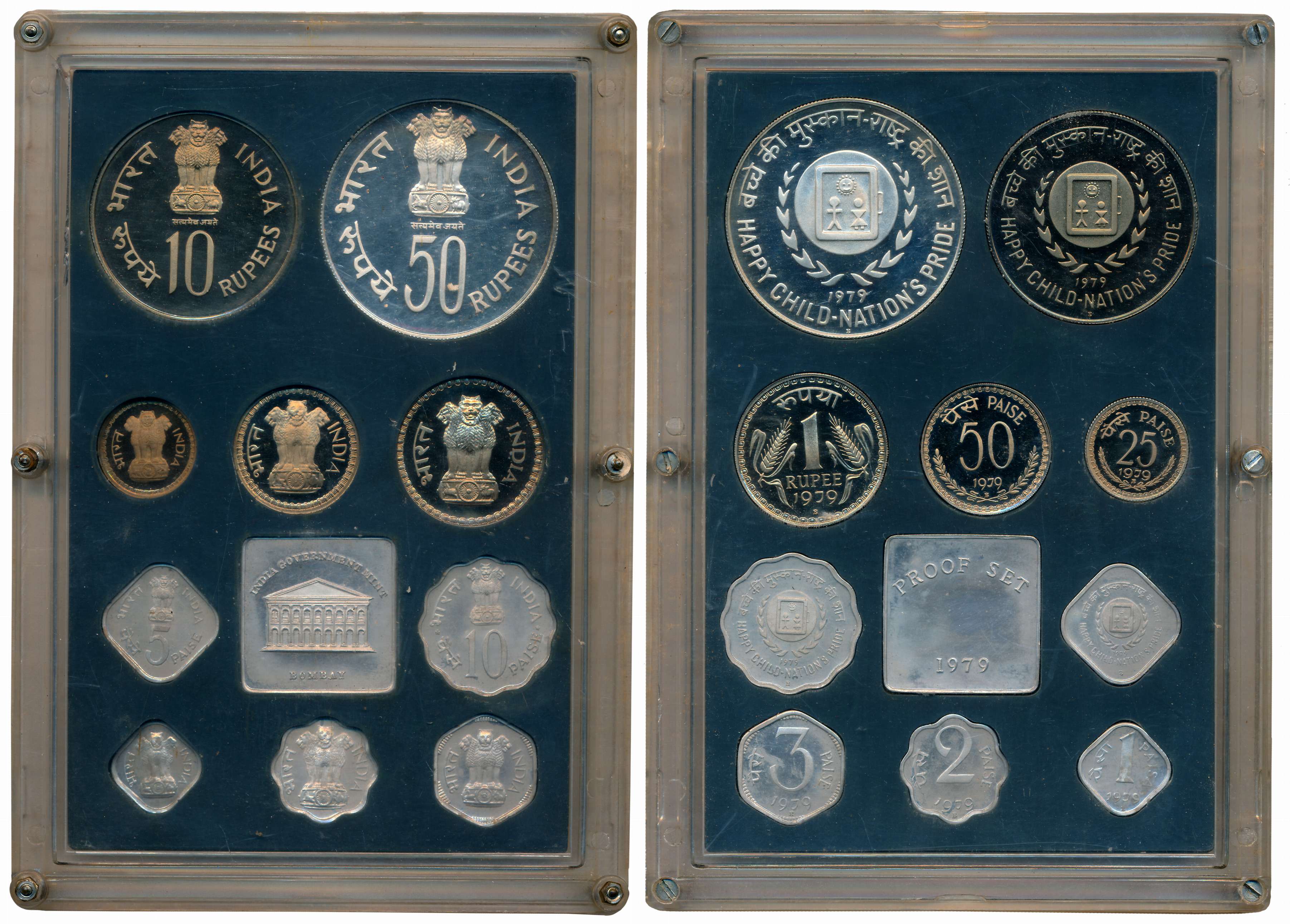 1979, Proof Set of 10, Rupees 50, 10 & 1, Paise 50, 25, 10, 5, 3, 2, & 1, with mint emblem