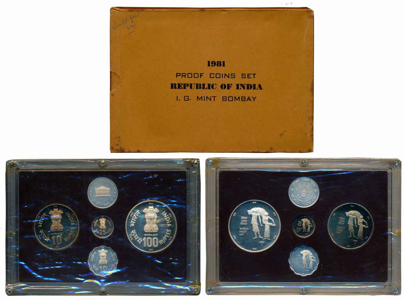 1981, Proof set of 4, Rupee 100, 10 & Paise 25, 10, with mint emblem, “Word Food Day”, Bom