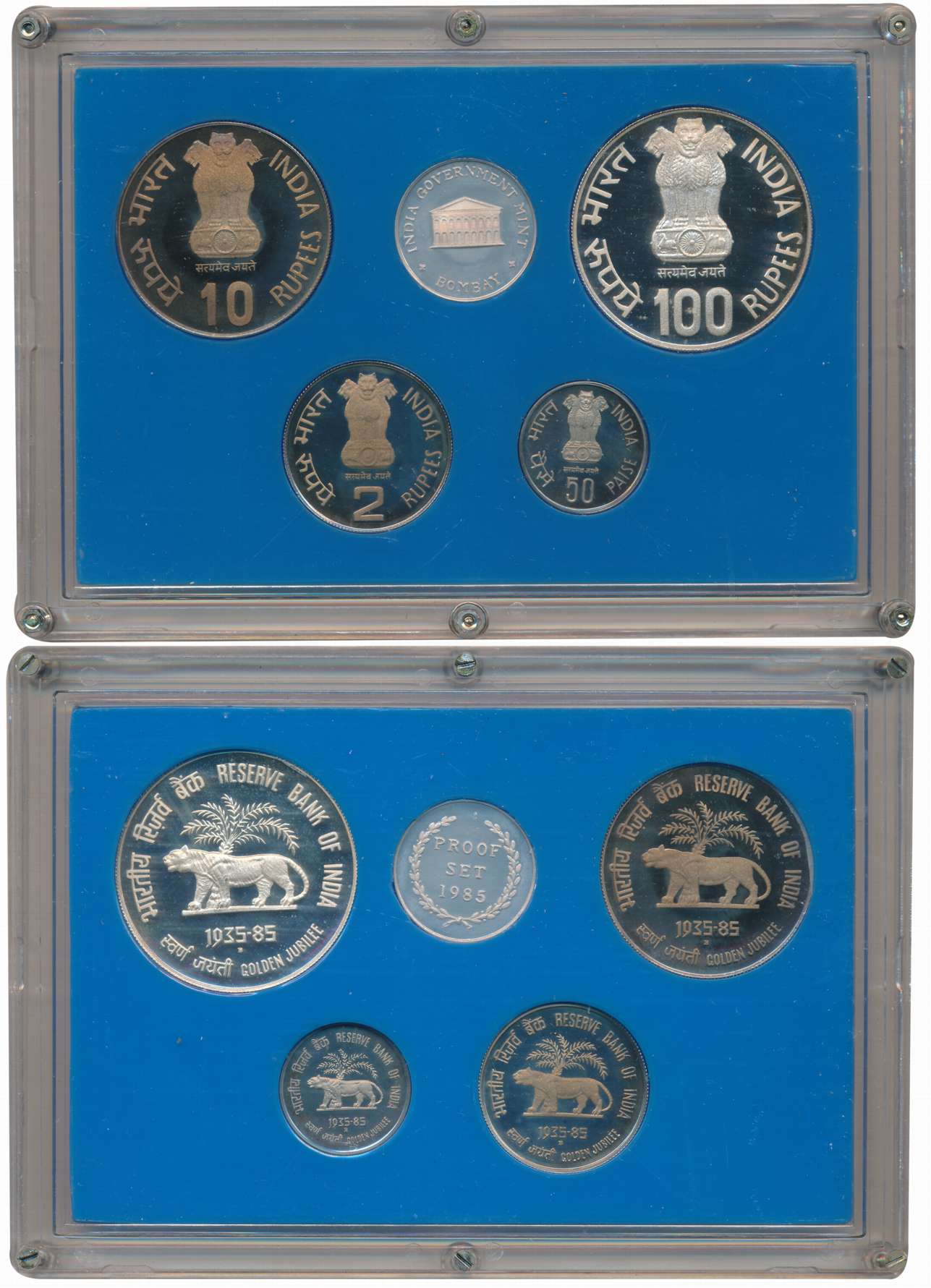 1985, Proof Set of 4, Rupees 100, 10, 2 & Paise 50, with mint emblem “Reserve Bank of Indi