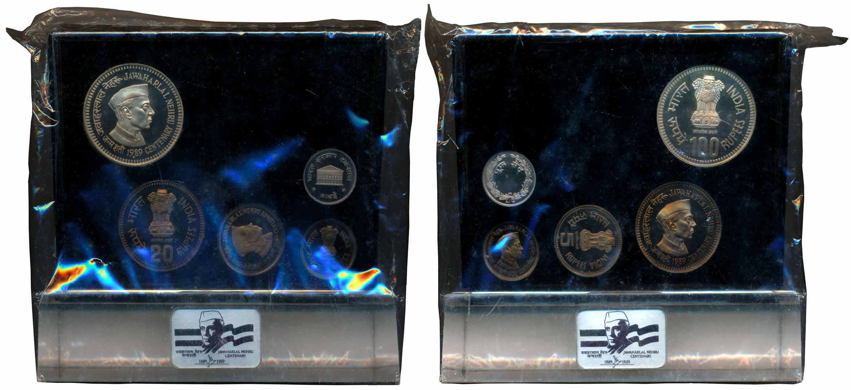 1989, Proof set of 4, Rupees 100, 20, 5 and Rupee, with Mint emblem, “Jawaharlal Nehru bir