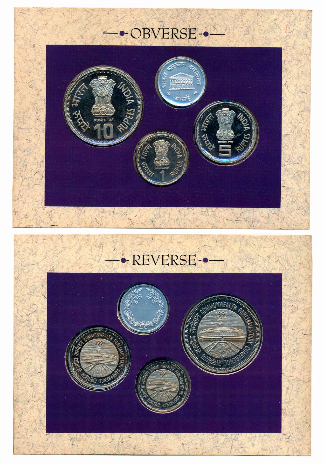 1991, Proof set of 3, Rupees 10, 5 and Rupee, with Mint emblem, “37th common Wealth Parlia