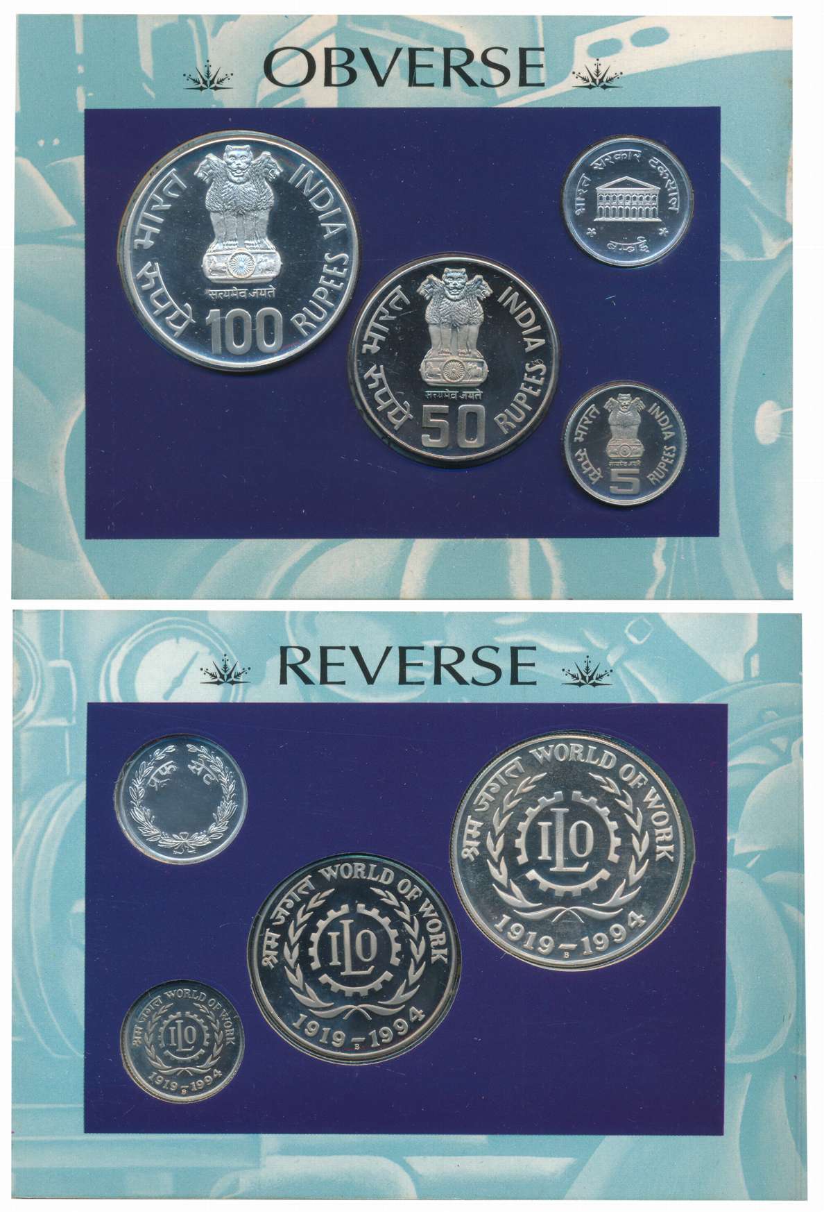 1994, Proof Set of 3, Rupees 100, 50 &amp; 5, with mint emblem “75th Anniversary of Intern