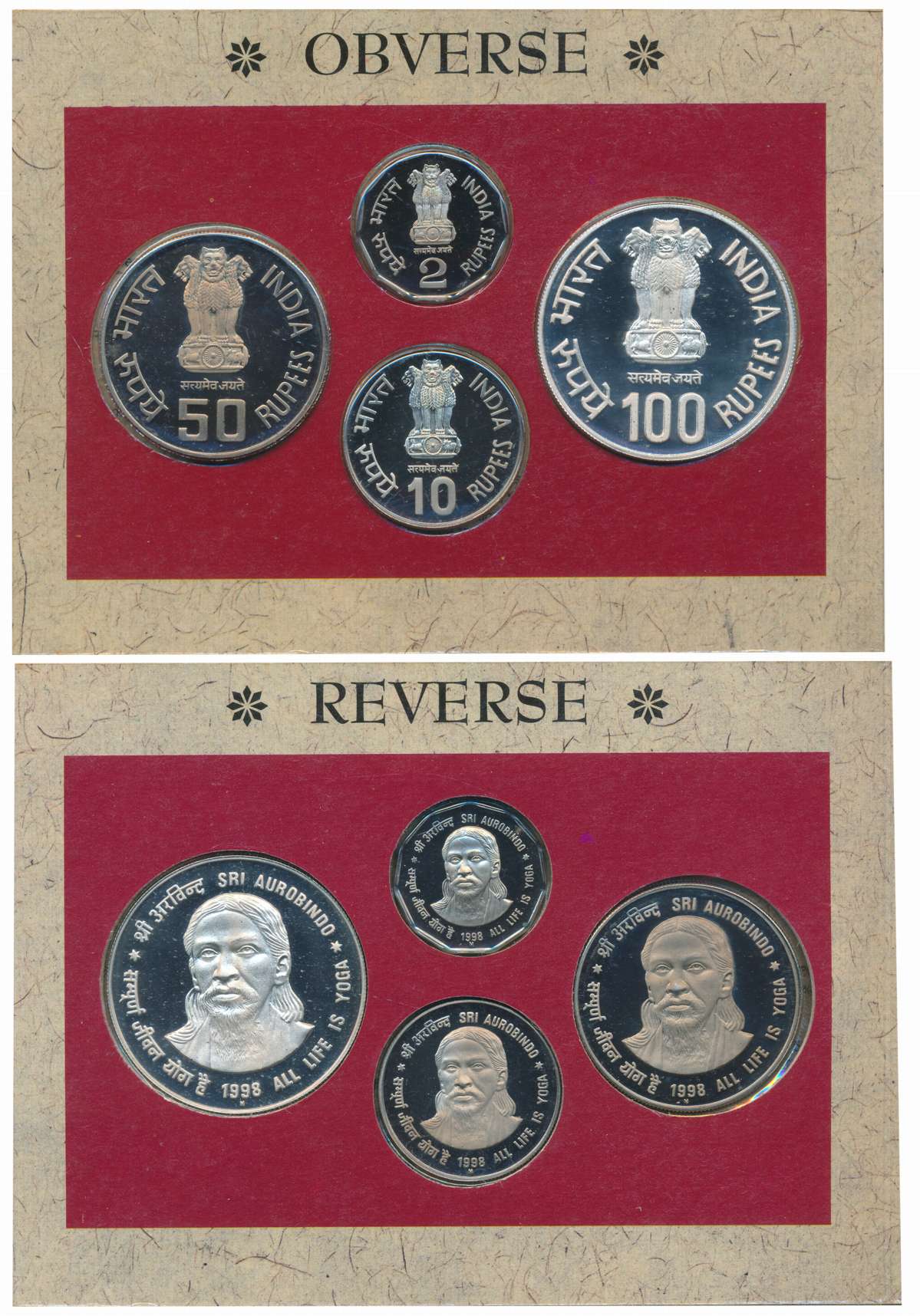 1998, Proof Set of 4, Rupees 100, 50, 10 & 2, “Sri Aurobindo- All Life is Yoga”, Mumbai Mi