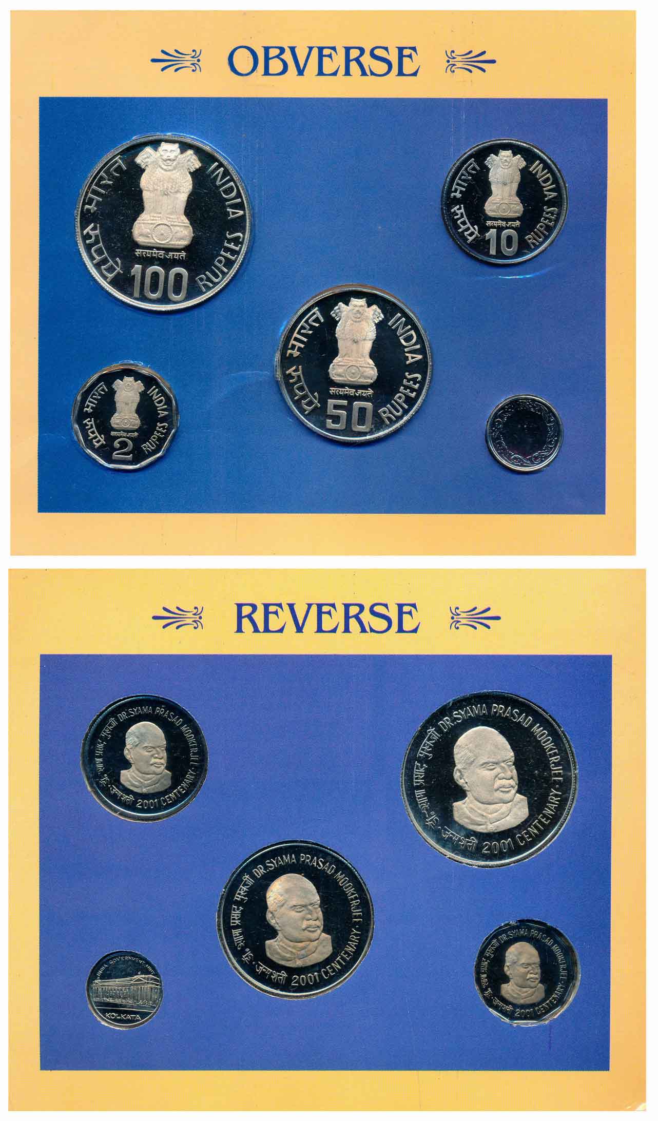 2001, Proof Set of 4, Rupees 100, 50, 10 & 2 with mint emblem, “Dr. Shyama Prasad Mookerje