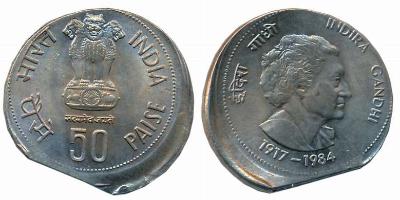 1985, Copper Nickle, Paise 50, Error- Die shift, “Death of Indira Gandhi”, Obv: Ashoka Ped