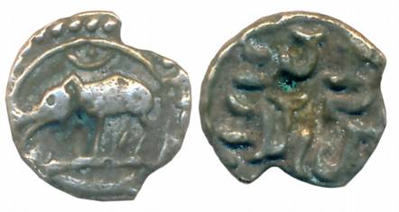 Rashtrakutas, probably attributed to Gunatunga, Silver, 0.42g, Obv: Boar to left, Rev: Bra
