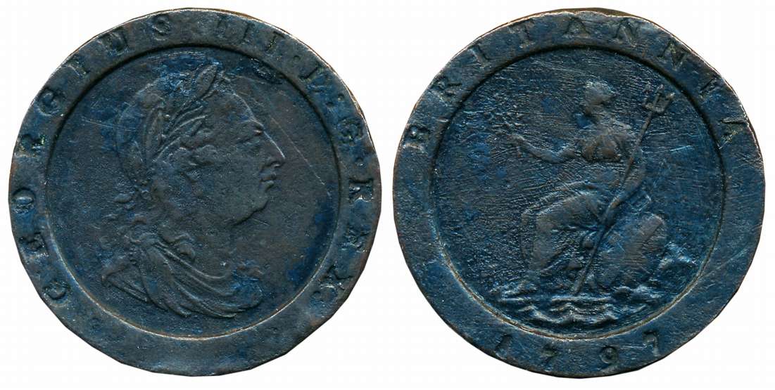 United Kingdom, George III, Copper 1 Penny, 55.65g, 1797, Obv: Laureate and draped bust of