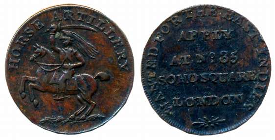 East India Company, Recruiting Token, Copper, 3.43g, Soho Mint, Obv: Artillery Man on Hors