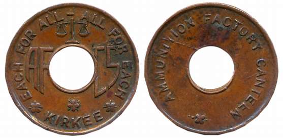 Canteen Token, Copper, 1.92g, Ammunition Factory, Kirkee. About extremely fine.