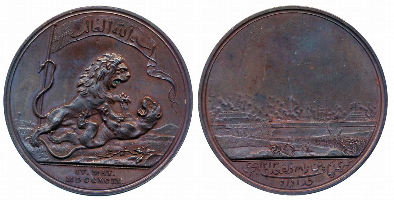 The Seringapatam Medal, Copper, 54.47g, 1799, Soho Mint, Obv: The British lion trampling t