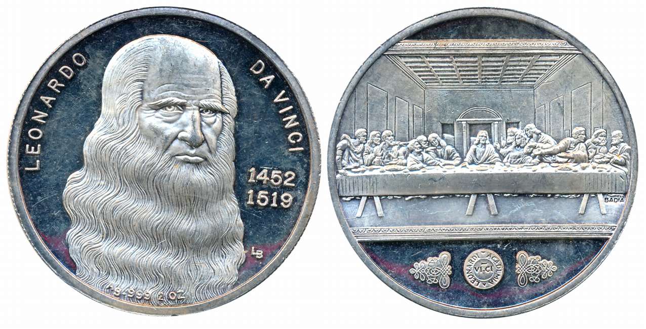Leonardo Da Vinci, Silver Proof, 62.48g, Obv: Leonardo Da Vinci facing front, Date, Rev: D