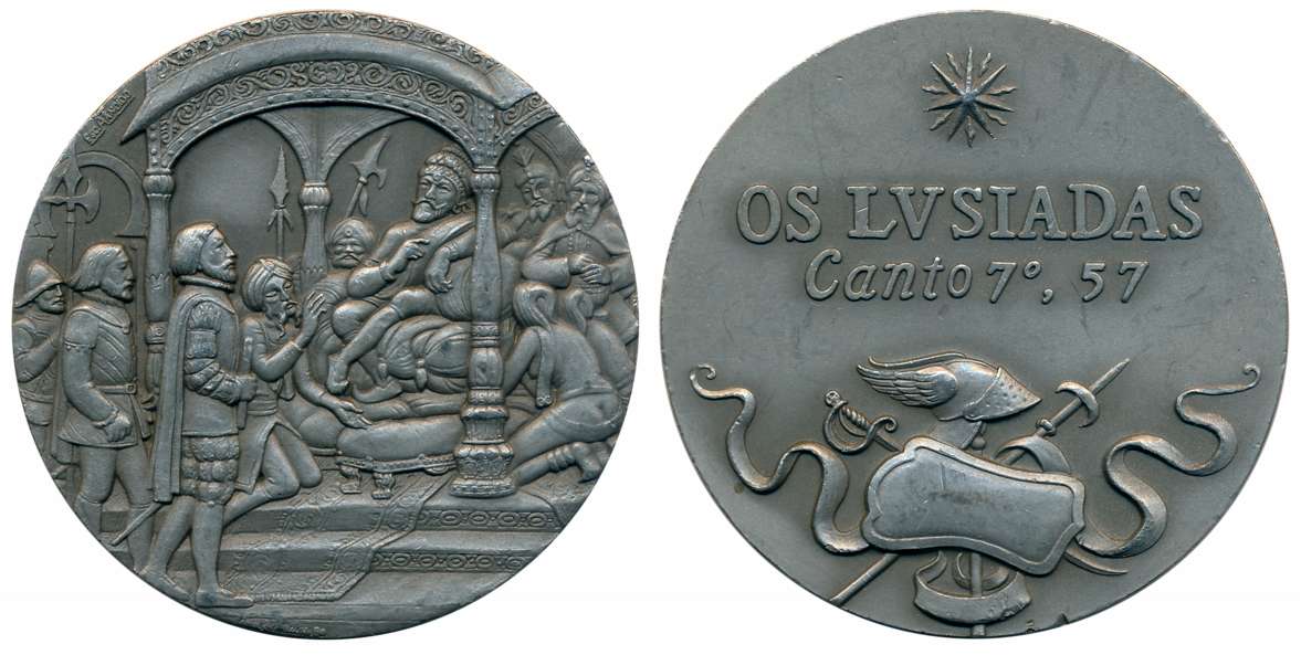 Portuguese, Calicut, Tin Medal, 80.41g, Obv: Scene of Vasco Da Gama meeting the Zamorin ki