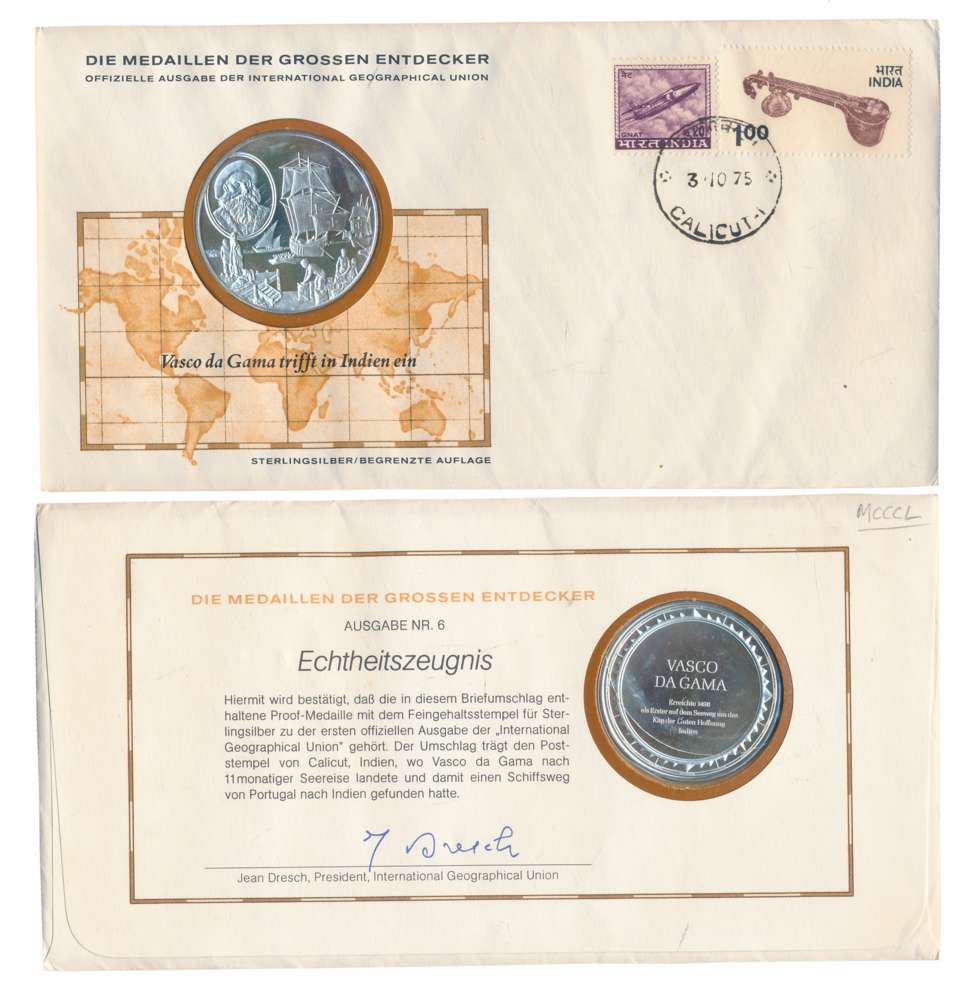 Portuguese, Vasco da Gama, Silver Medal, Proof, 1975, First day cover with hand stamp of C