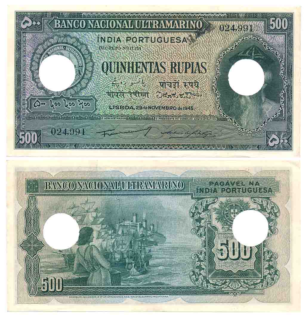 Indo Portuguese, Goa, 500 Rupias, Type 12.34, Signed P-2 A-7, Two cancellation hole (R IMP
