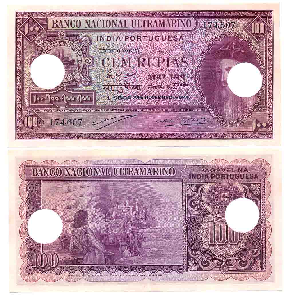 Indo Portuguese, Goa, 100 Rupias, Type 12.33, Signed P-2 A-4, Two cancellation hole (R IMP