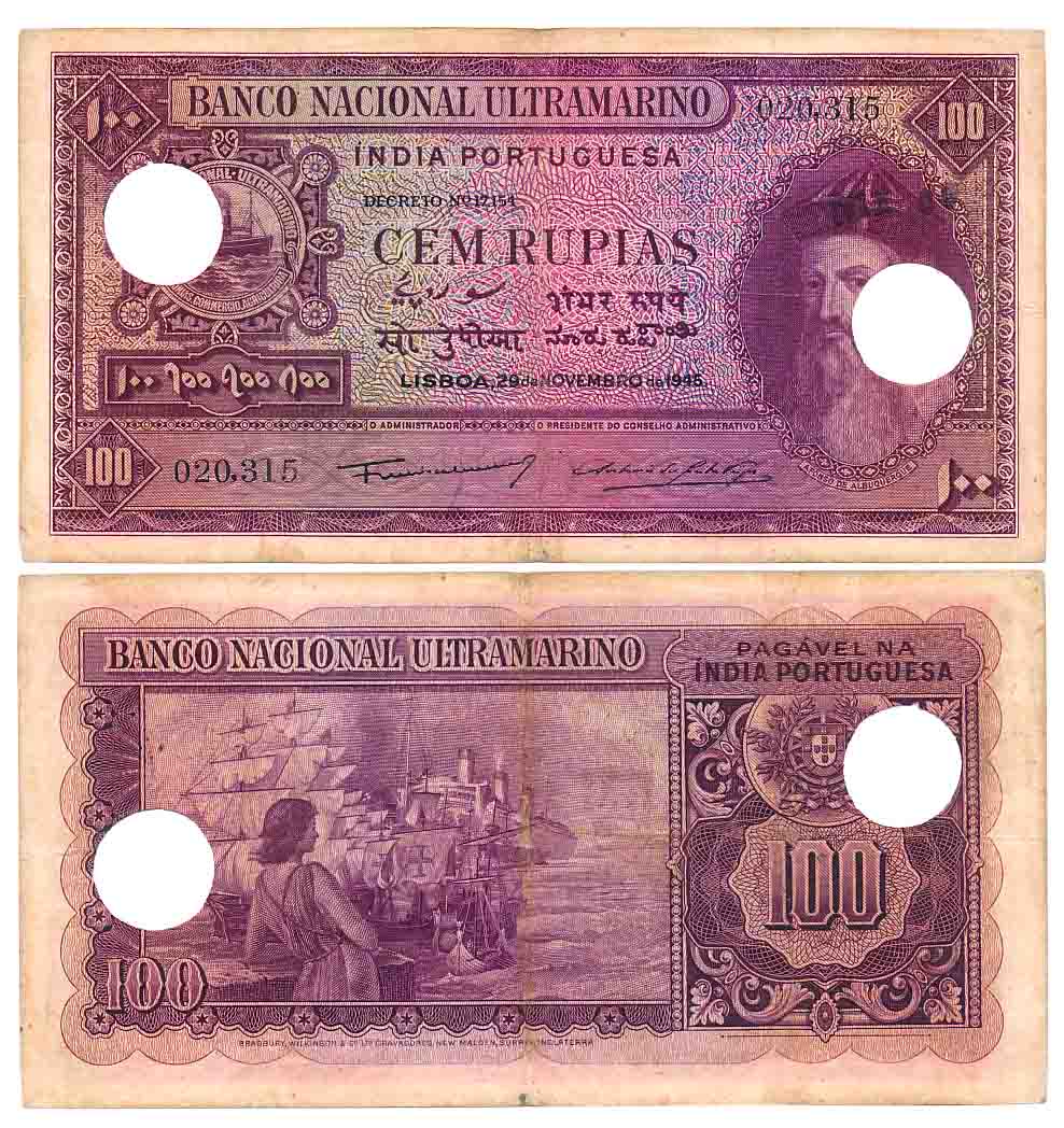 Indo Portuguese, Goa, 100 Rupias, Type 12.33, Signed P-2 A-7, Two cancellation hole (R IMP