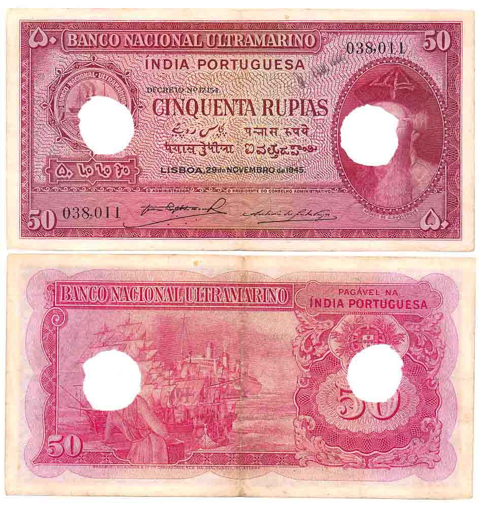Indo Portuguese, Goa, 50 Rupias, Type 12.32, Signed P-2 A-2, Two cancellation hole (R IMP#