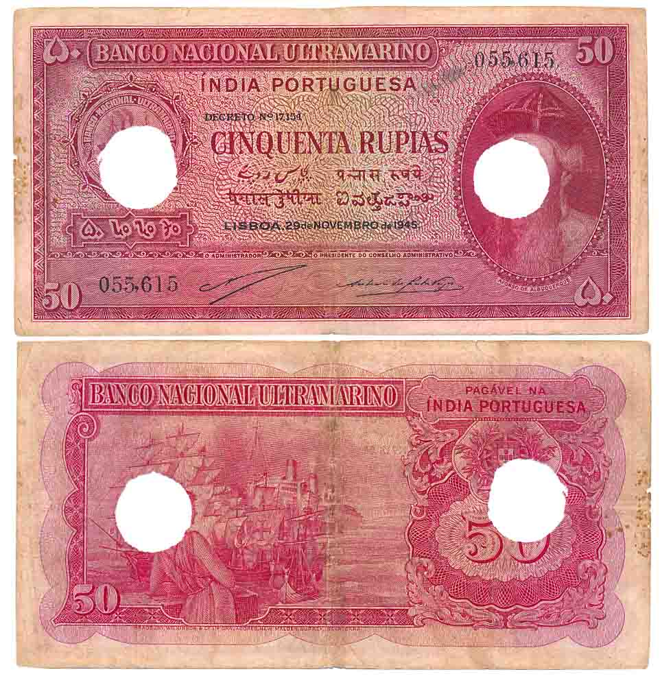 Indo Portuguese, Goa, 50 Rupias, Type 12.32, Signed P-2 A-4, Two cancellation hole (R IMP#