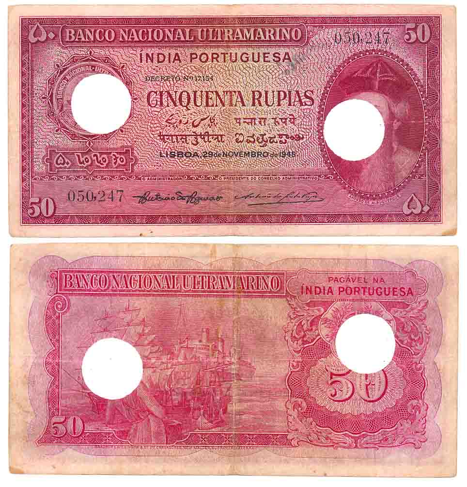 Indo Portuguese, Goa, 50 Rupias, Type 12.32, Signed P-2 A-5, Two cancellation hole (R IMP#