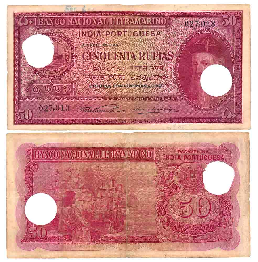 Indo Portuguese, Goa, 50 Rupias, Type 12.32, Signed P-2 A-8, Two cancellation hole (R IMP#