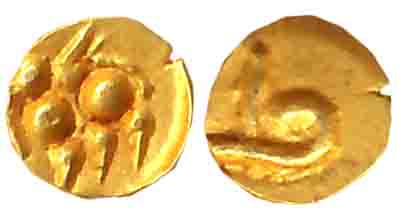 Chalukyas of Kalyana, Vengi issue, Gold Fanam 0.40g, Obv: Lion standing facing left with r