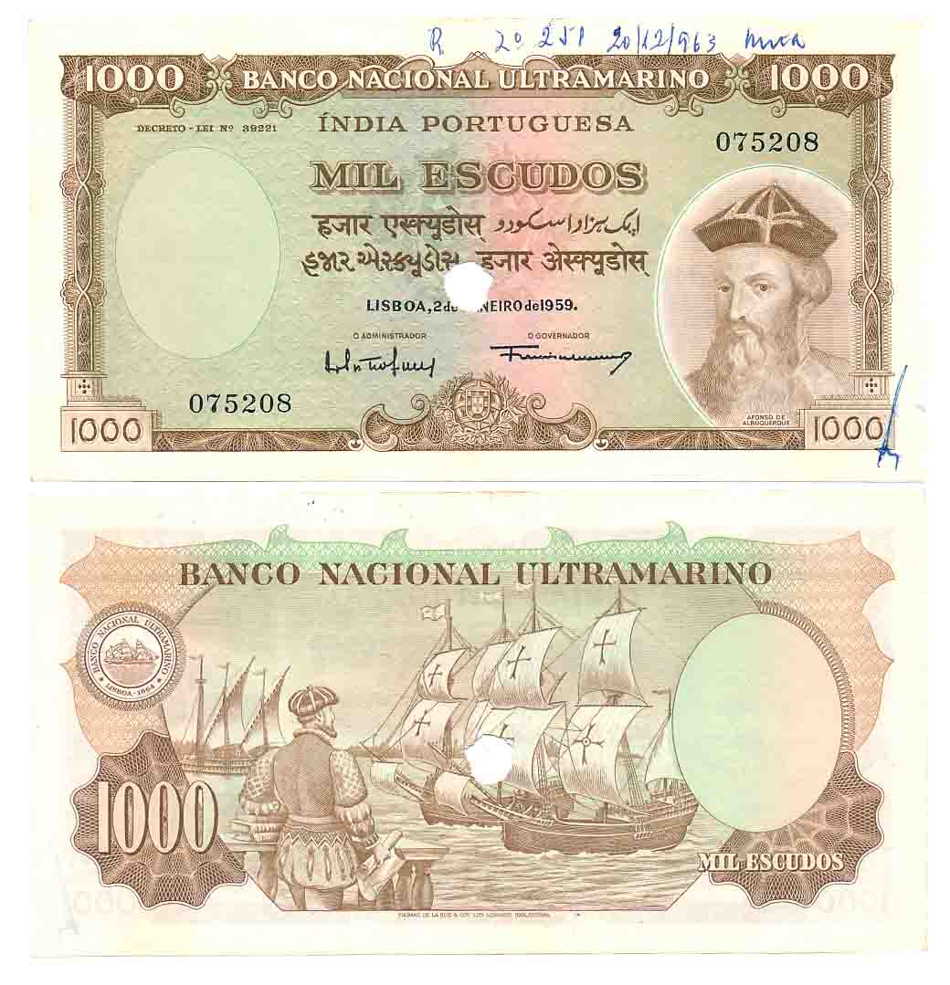 Indo Portuguese, Goa, 1000 Escudos, Type 12.40, Signed G-4 A-13, One cancellation hole (R 