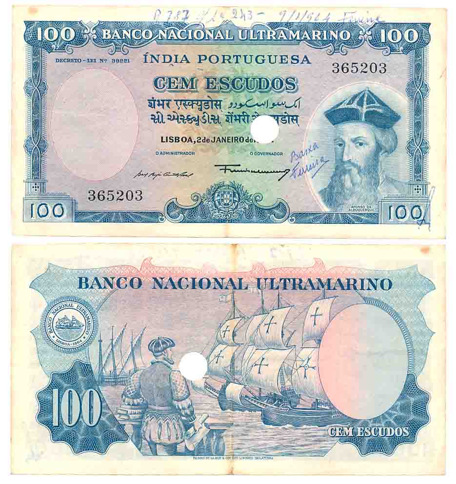 Indo Portuguese, Goa, 100 Escudos, Type 12.37, Signed G-4 A-15, One cancellation hole (R I