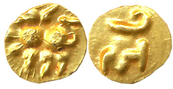 Chalukyas of Kalyana, Vengi issue, Gold Haga- 1/2 Fanam, 0.17g, Obv: Lion standing facing 