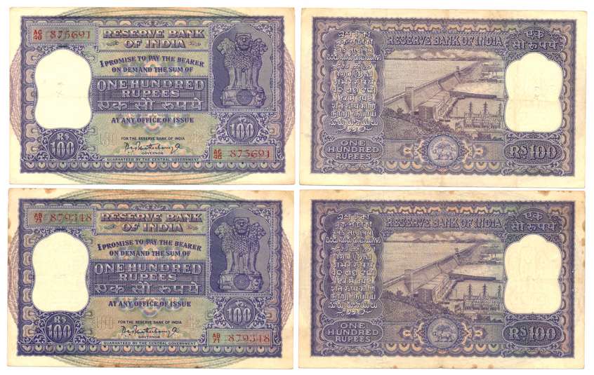 Rupees 100 (2), Type 6.7.4, Signed P C Bhattacharya, Prefix AB/71, AC/46, Serial Number in