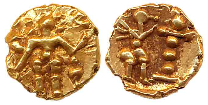Kadambas of Nagarkhanda, Gold Fanam, 0.40g, Obv: Garuda standing facing right to a lamp wi