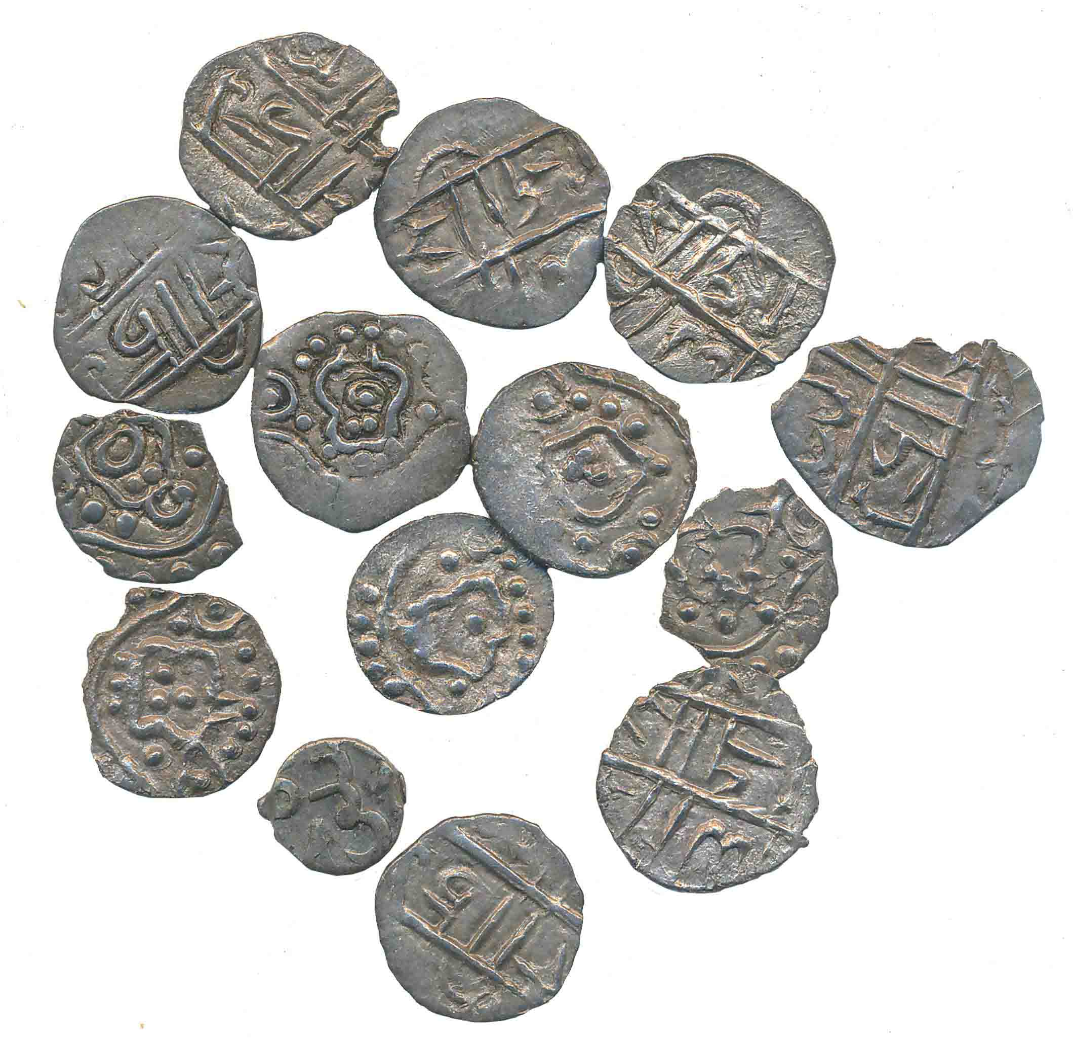 Kalachuris of Ratnapur, Jagapala, Silver Pana (14), Obv: Stylized Goddess Lakshmi seated f