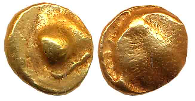 Shilaharas of Kolhapur, Gold Double Fanam, 0.78g, Obv: Trident, Rev: Globule (Mitch# K&A 2