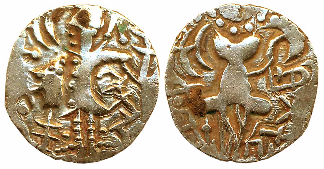 Karkotakas of Kashmir, Narendraditya, Debased Gold Dinar, 7.52g, Obv: Crude copy of Kidari