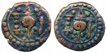 Venad, Copper Taram, 3.67g, Obv: Conch, flanked by lamp and sword, Rev: Conch, flanked by 