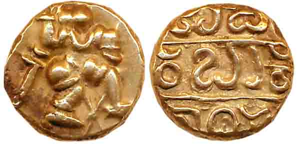 Vijaynagar Empire, Sri Vira Bukkaraya, Gold Varaha, 3.36g, Obv: Hanuman to right with knee