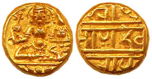 Vijaynagar Empire, Devaraya I, Gold Varaha, 3.43g, Obv: Lord Vishnu seated in Padmasana wi