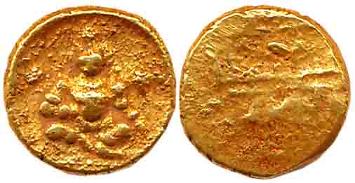 Vijaynagar Empire, Krishnadevaraya, Gold 1/2 Varaha, 1.69g, Obv: Balakrishna seated facing