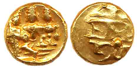 Vijaynagar Empire, Sri Tirumalaraya, Gold 1/2 Varaha, 1.70g, Obv: Lord Rama seated cross l