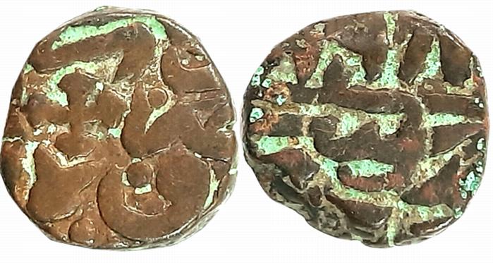 Akbar, Copper 1/2 Dam, 10.11g, Dar Al-Khilafa Shahgarh urf Qannauj Mint, Cross as a Mint m
