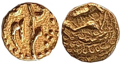 Aurangzeb, Gold 1/2 Fanam, 0.19g, Obv: Legend “Alamgir” in Persian, Rev: Legend & Date “Fa