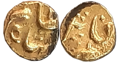 Shah Alam, Gold 1/2 Fanam, 0.19g, Obv: Legend “Shah Alam” in Persian, Rev: Legend & Date “