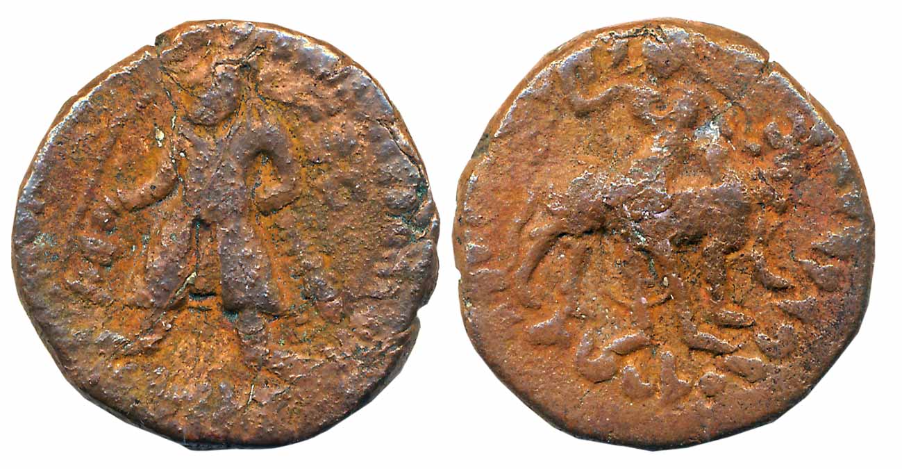 Kushans, Wima Kadphises, Copper, 16.0g, “Shiva-Nandi bilingual” type, Obv: King standing f