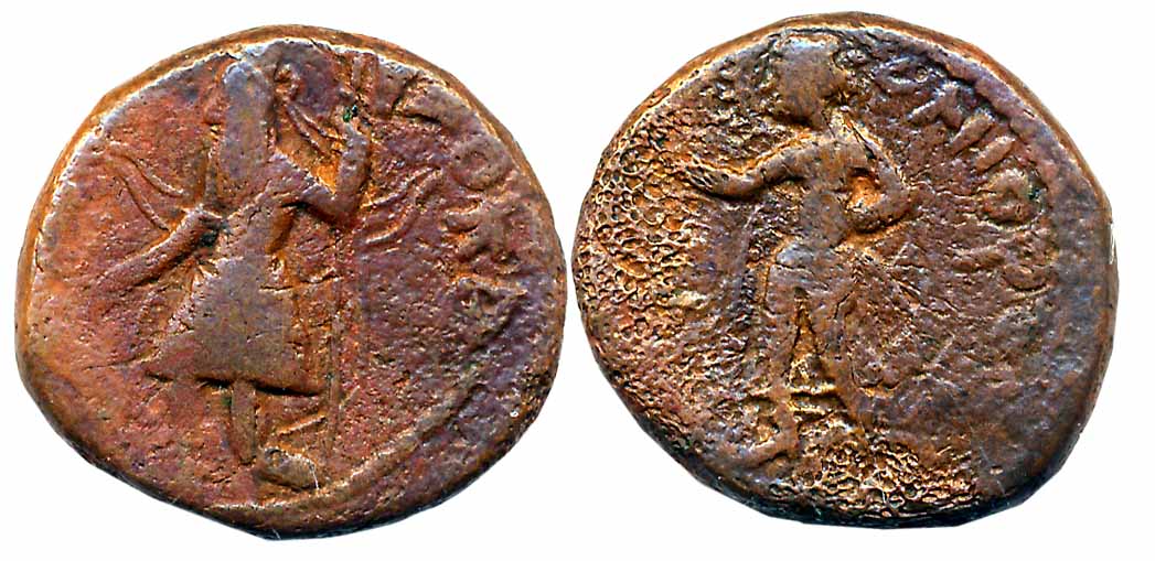 Kushan, Kanishka, Copper, 8.27g, Obv: King stand facing, head to left with long beard, mak