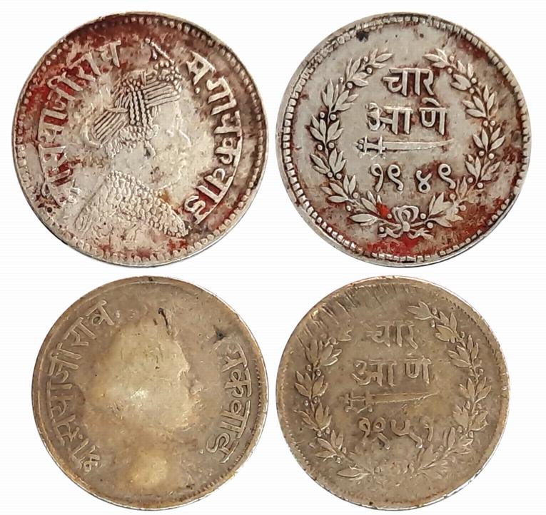 Sayaji Rao III, Silver 1/4 Rupees (2), 2.82g, 2.77g, VS 1949, VS 1951, Obv: Crowned bust t