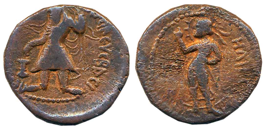 Kushan, Kanishka, Copper, 7.82g, Obv: King stand facing, head to left with long beard, mak