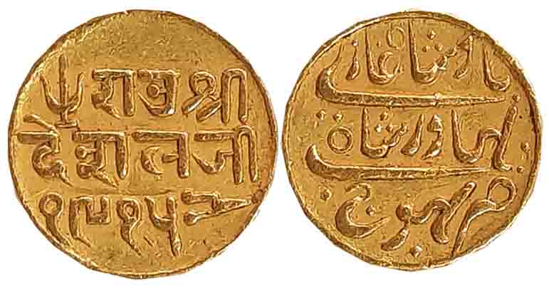 Rao Sri Desalji II, Gold 25 Kori, 4.66g, VS 1915, with the name of Bahadur Shah II (KM# C#