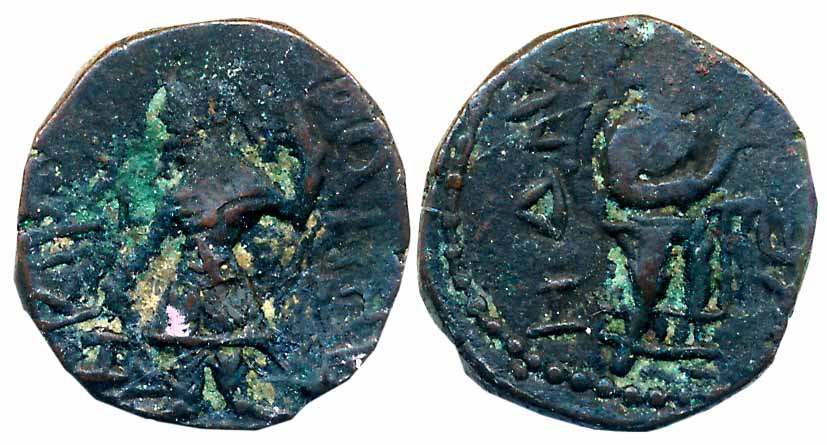 Kushan, Kanishka, Copper, 3.68g, “Jammu” series, Obv: King stand facing, head to left with