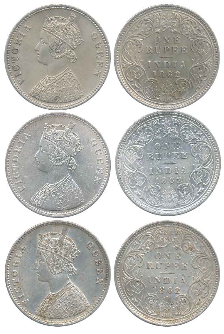 Victoria Queen, Silver Rupees (3), 1862, without dot, A/I, Calcutta Mint, V & J privy mark