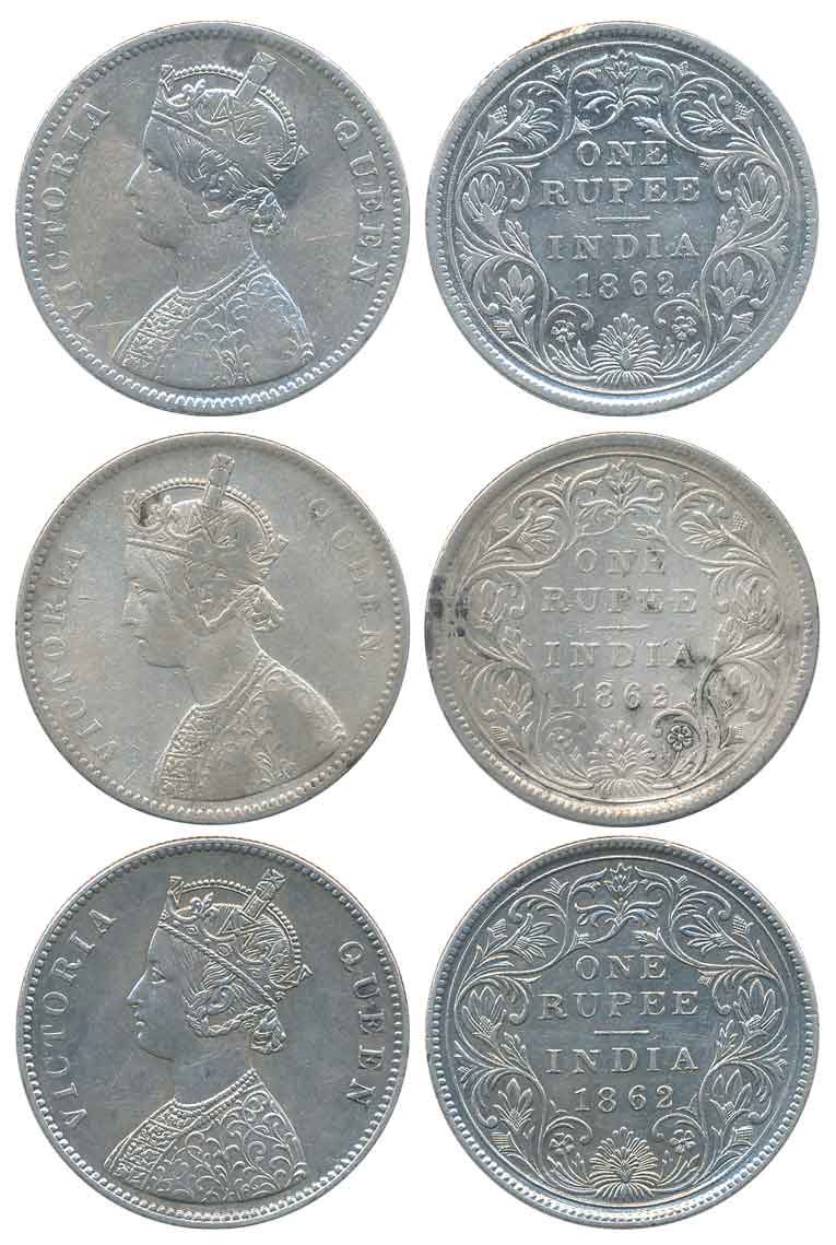 Victoria Queen, Silver Rupees (3), 1862, without dot, A/II, Calcutta Mint, V & crescent pr