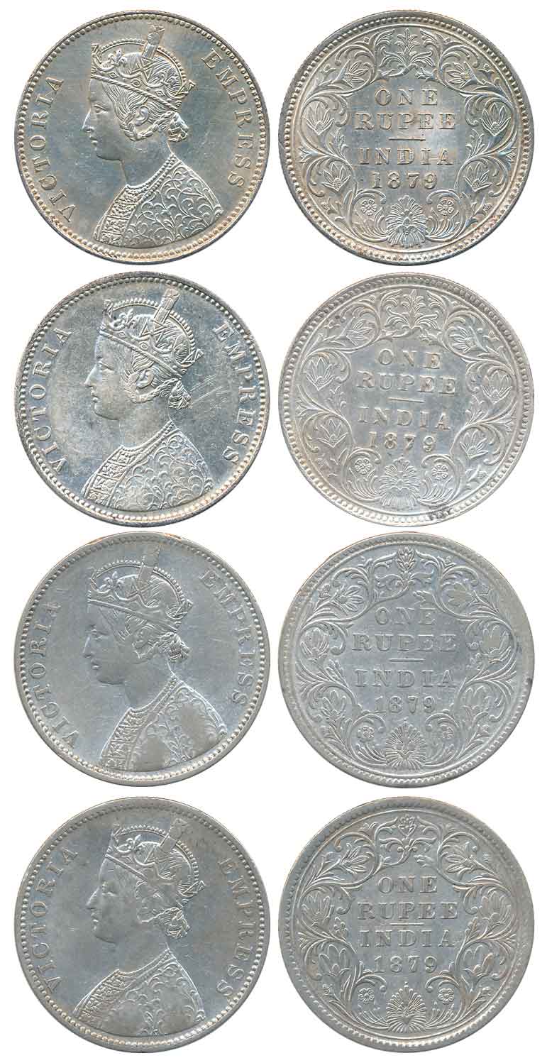 Victoria Empress, Silver Rupees (4), All different varieties, 1879, Calcutta Mint (1), A1/